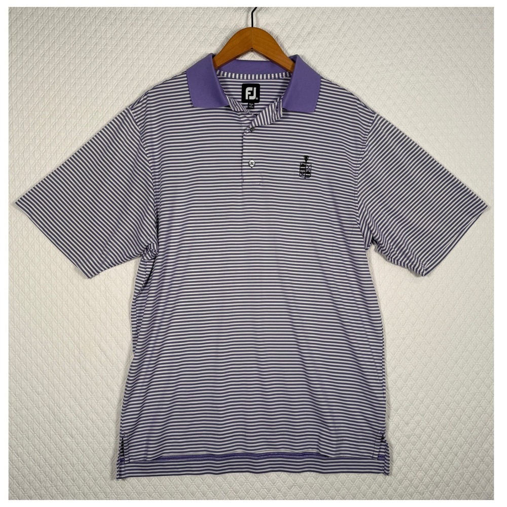 FootJoy Mens‎ Purple White Striped Performance Golf Polo Shirt Medium Golf Logo